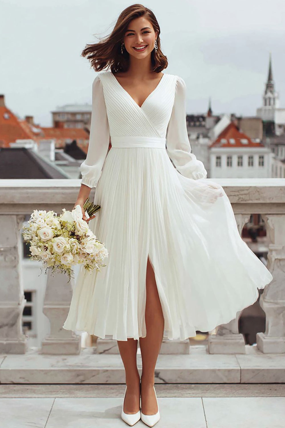 Ivory A-Line Pleated V-Neck Rehearsal Dinner Dress With Slit