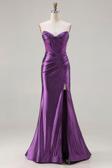 Dark Purple Mermaid Beaded Strapless Corset Long Prom Dress with Slit