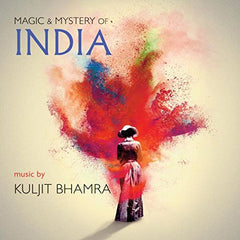 "Album cover with a woman surrounded by colorful powder explosion, beige background."