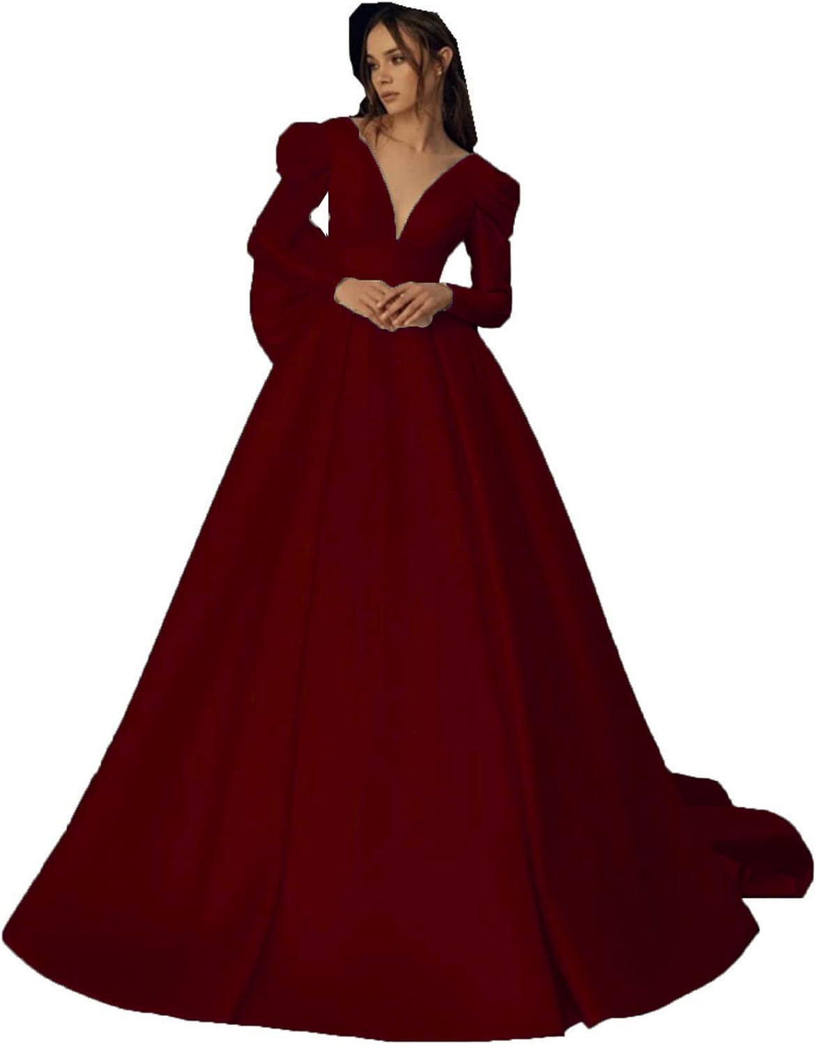 ZHengquan Women's Satin Long Sleeve Wedding Dress Deep V-Neck Prom Evening Dress