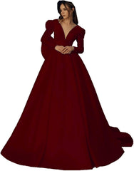 ZHengquan Women's Satin Long Sleeve Wedding Dress Deep V-Neck Prom Evening Dress