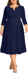 Navy Blue Dress for Women Plus Size Wedding Guest Dresses Midi Fall Church Cocktail Semi Formal 3/4 Sleeve A-line Dress