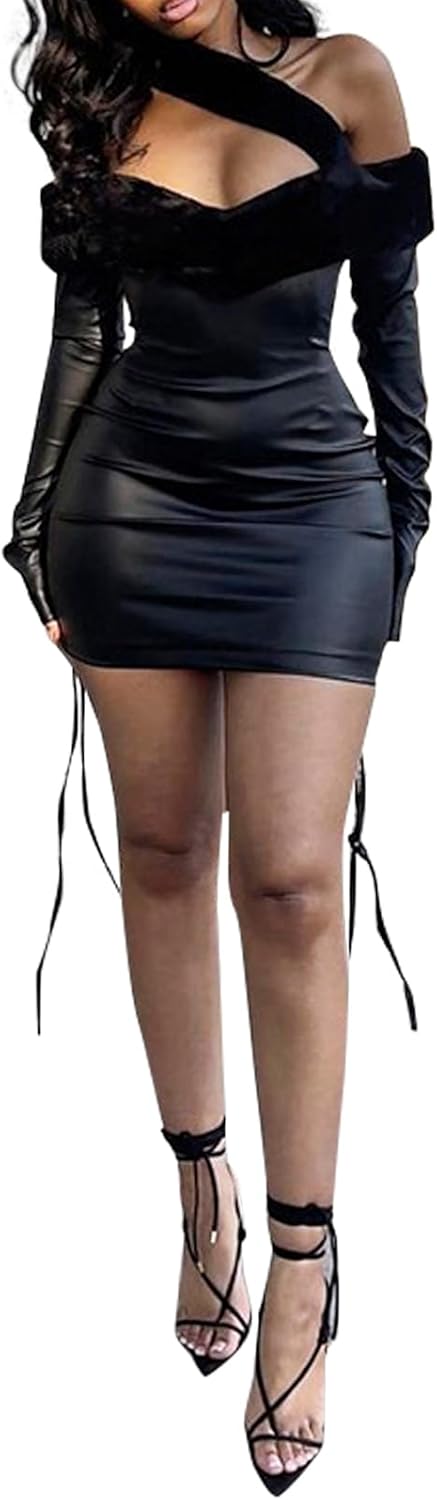 Women Sexy Faux Leather Mini Dress Faux Fur Patchwork Long Sleeve Bodycon Short Party Dress Club Outfits
