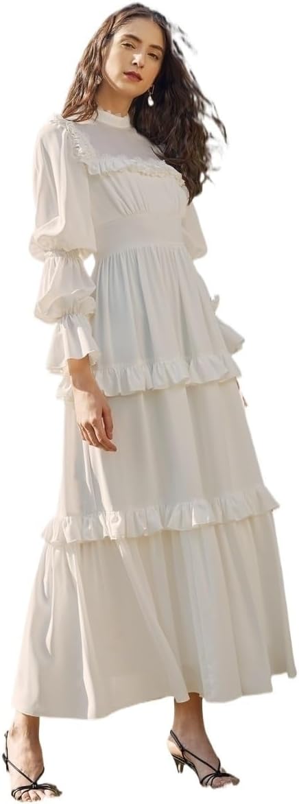 Womens Flowy Long Sleeve Dress Mock Neck Sleeve Ruffle Dress High Waist