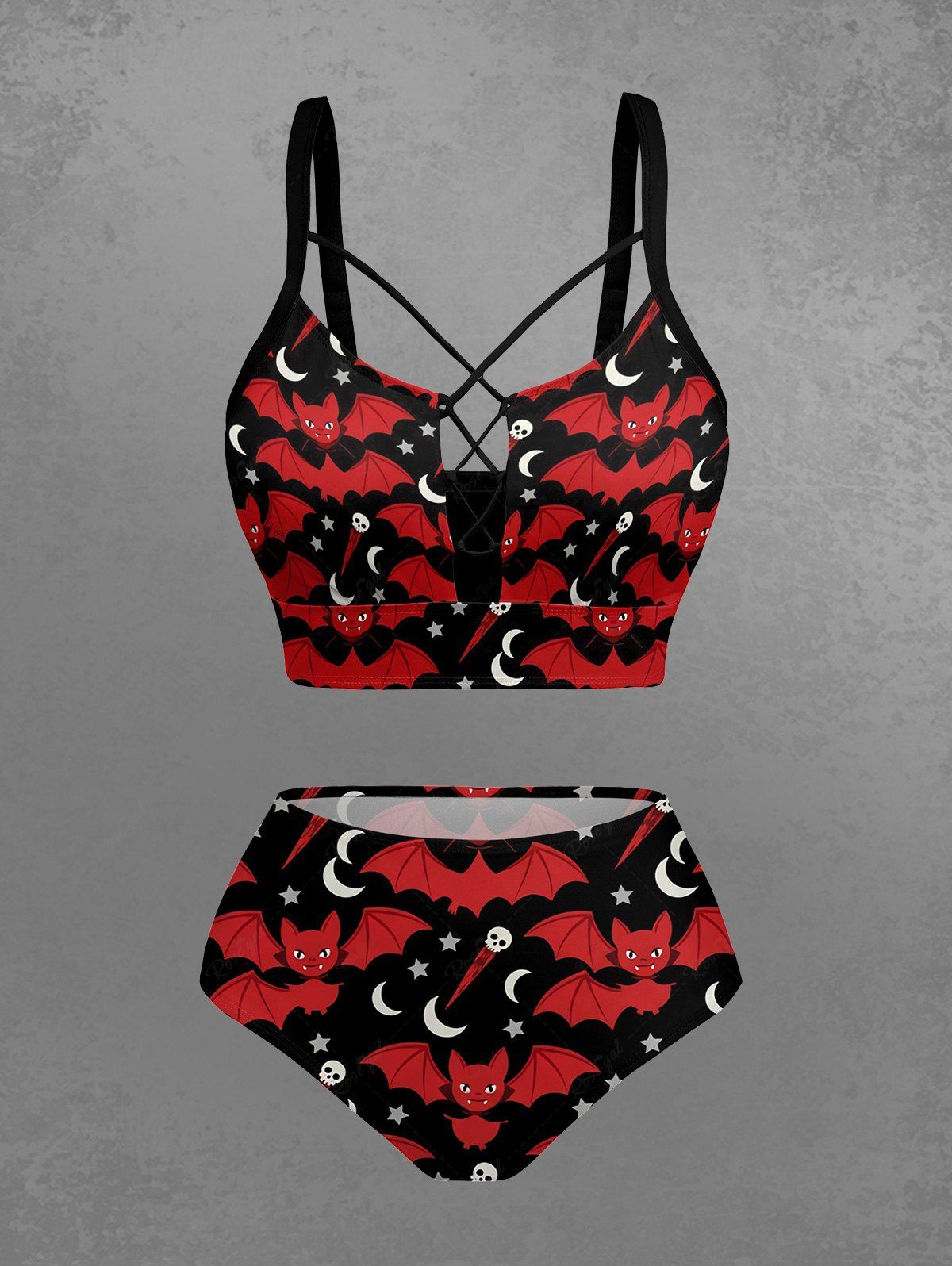 Gothic Skull Bat Moon Star Print Lace Up Tankini Swimsuit (Adjustable Shoulder Strap)