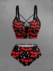 Gothic Skull Bat Moon Star Print Lace Up Tankini Swimsuit (Adjustable Shoulder Strap)