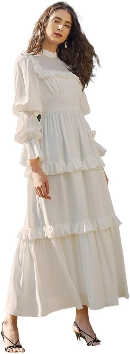 AVIMYA Summer Women's Dress Mock Neck Gathered Sleeve Ruffle Dress A-Line High Waist Elegant