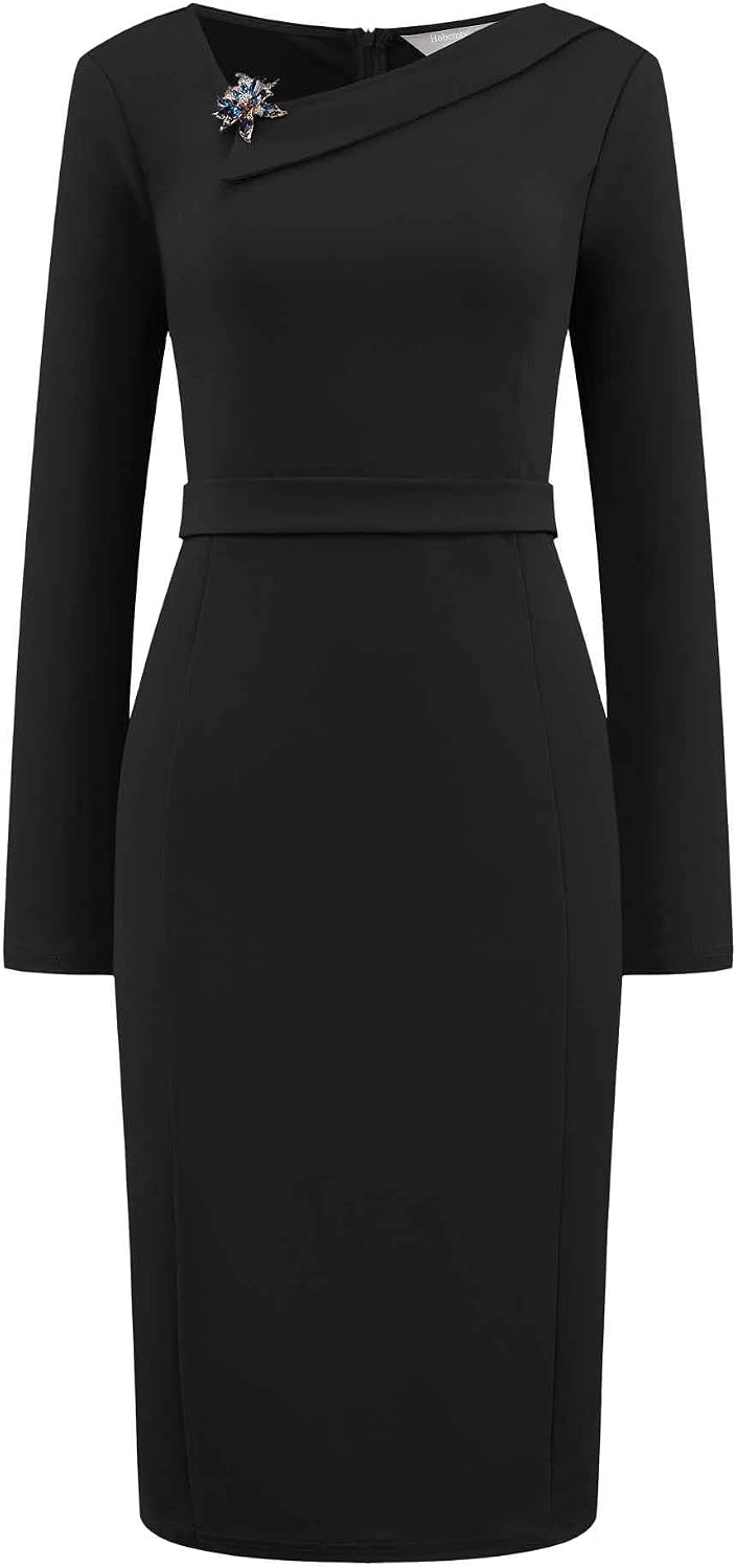 Hobemty Women's Elegant Sheath Dress Asymmetrical Neckline Wear to Work Pencil Dresses