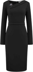 Hobemty Women's Elegant Sheath Dress Asymmetrical Neckline Wear to Work Pencil Dresses
