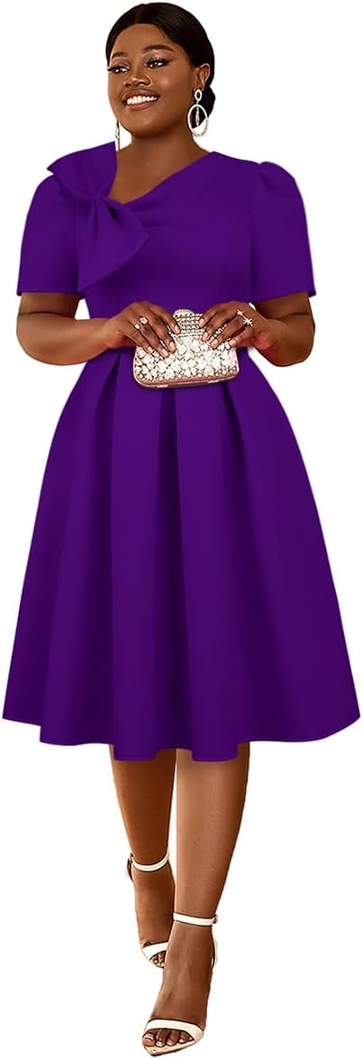 AOMEI Women's Casual Short Sleeve Church Dress Sweet Bow Asymmetric Neck A Line Midi Dress