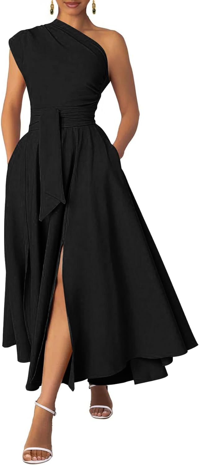 Ekaliy Women's One Shoulder Belted Maxi Dress Long Formal Wedding Guest Dress with Pockets