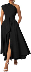 Ekaliy Women's One Shoulder Belted Maxi Dress Long Formal Wedding Guest Dress with Pockets