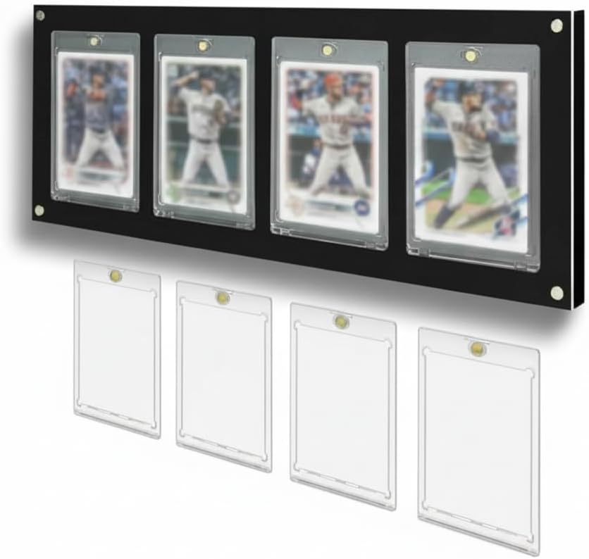 Acrylic Trading Card Display Frame for 4 Standard Cards, Wall Mount & Stand, Magnetic Holder UV Protection for Baseball Basketball Football Sports Collection, Compatible with Pokemon MTG