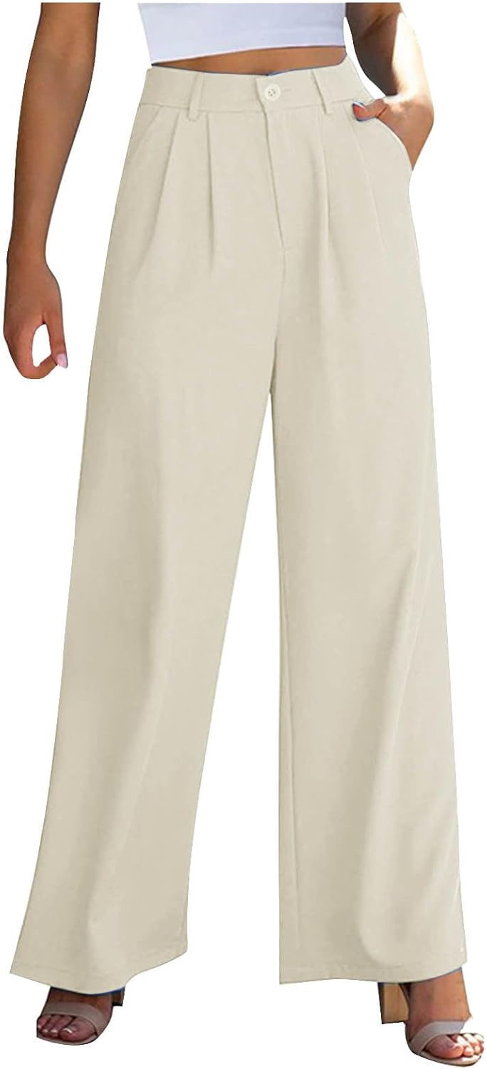 Womens Dress Pants Work Casual Elastic High Waisted Lounge Wide Leg Pants Loose Comfy Business Office Trousers Pocket