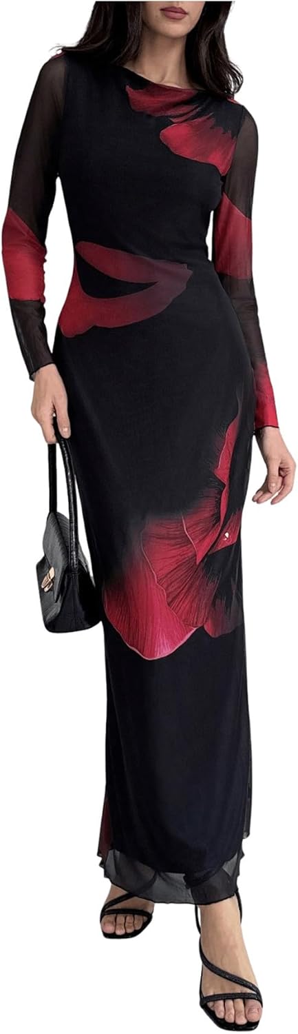 Milumia Women's Spring Wedding Guest Dress Floral Long Sleeve Maxi Dresses Cocktail Party