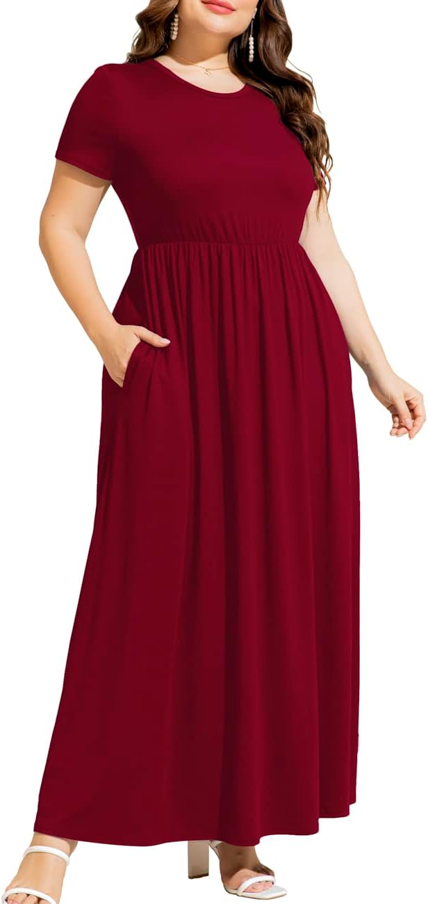 Women's Plus Size Summer Short Sleeve Long Maxi Dress with Pockets