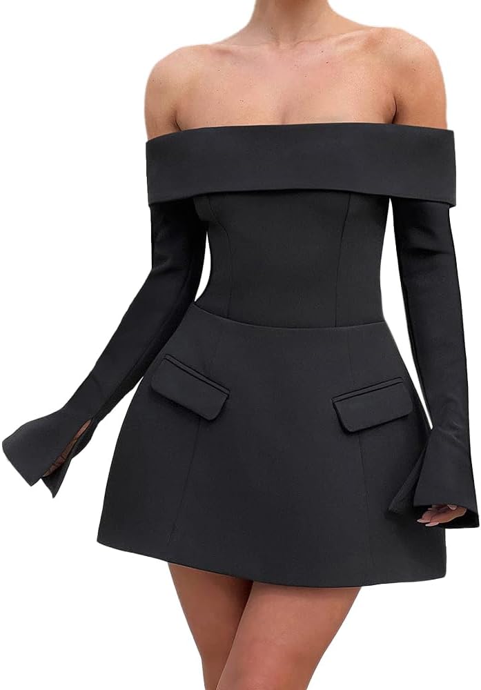 ABYOVRT Women Sexy Mini Dress Off Shoulder Long Sleeve A Line Dress Short Formal Dresses Party Clubwear