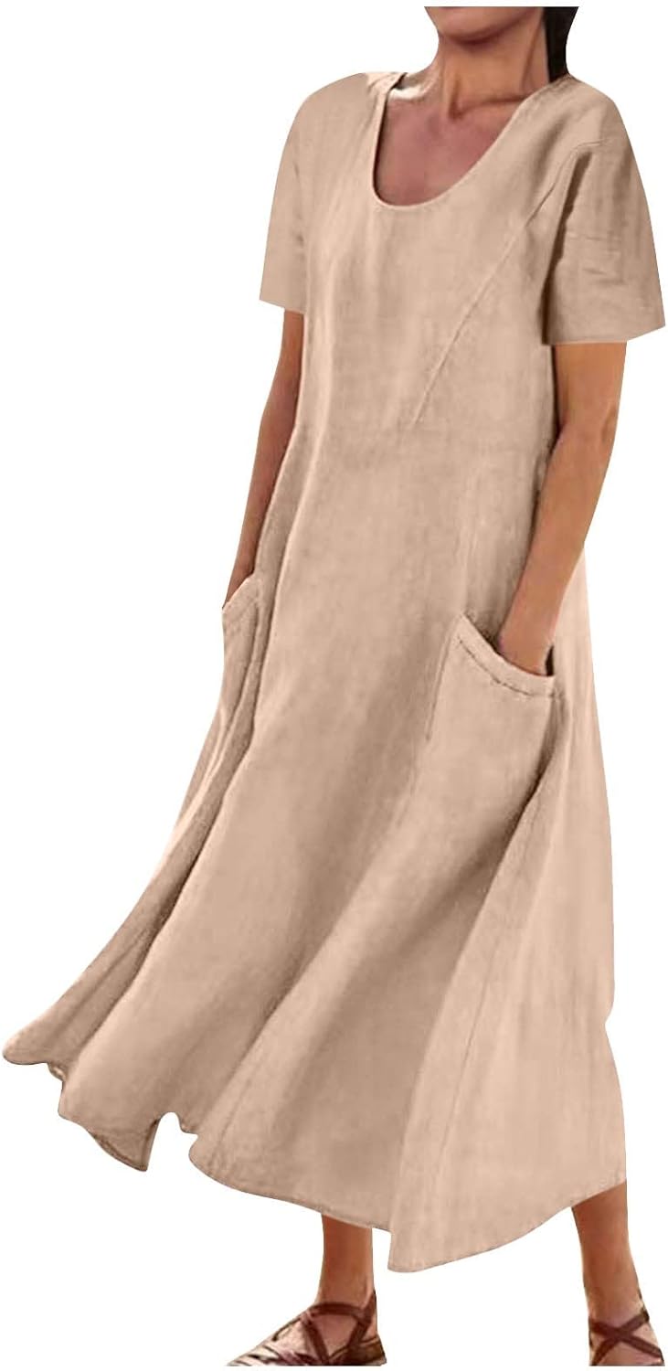 Cotton Linen Dresses for Women 2026 Summer Casual Loose Short Sleeve Midi Dress A-Line Flowy Beach Dress with Pockets