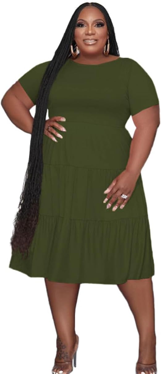 Tycorwd Women's Plus Size Casual Midi Dress Summer Short Sleeve Beach Dress Swing Flowy Tiered Dresses