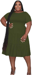 Tycorwd Women's Plus Size Casual Midi Dress Summer Short Sleeve Beach Dress Swing Flowy Tiered Dresses