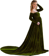 Sunnderly Off Shoulder Long Sleeves Maternity Dress for Photoshoot Velvet Robe Maternity Gown Baby Shower Dress