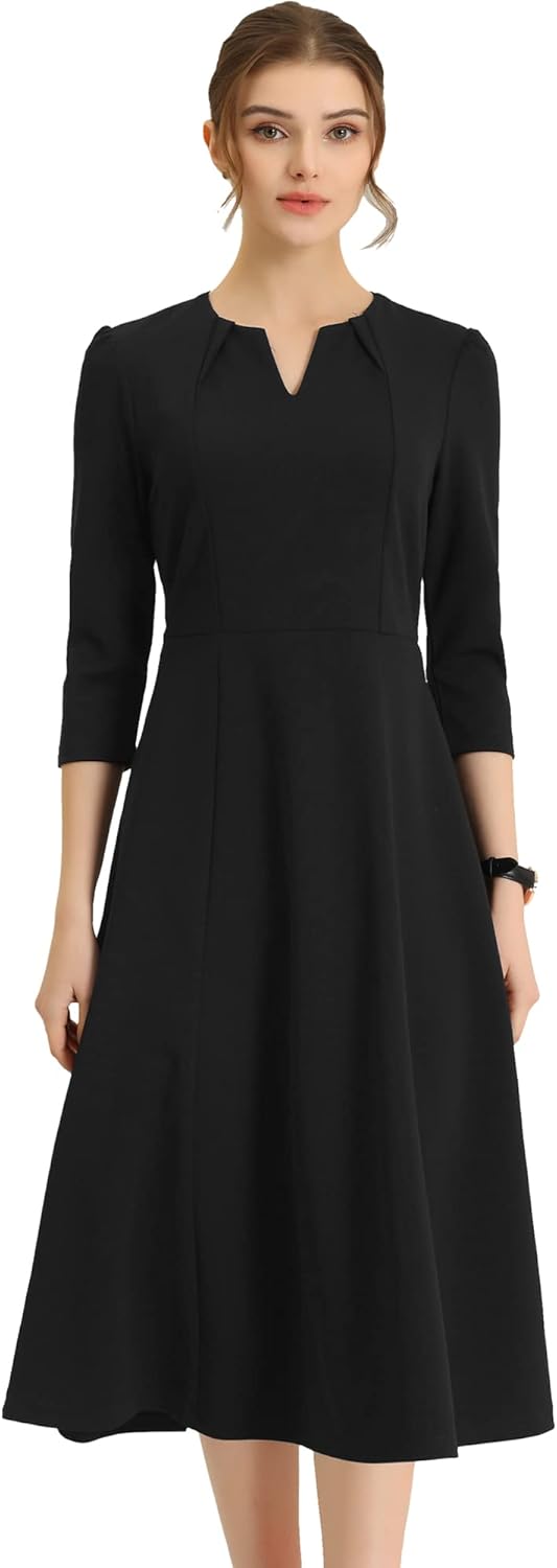 Allegra K Women's 3/4 Sleeve Dresses V Neck Elegant A-Line Work Business Formal Midi Dress with Pockets