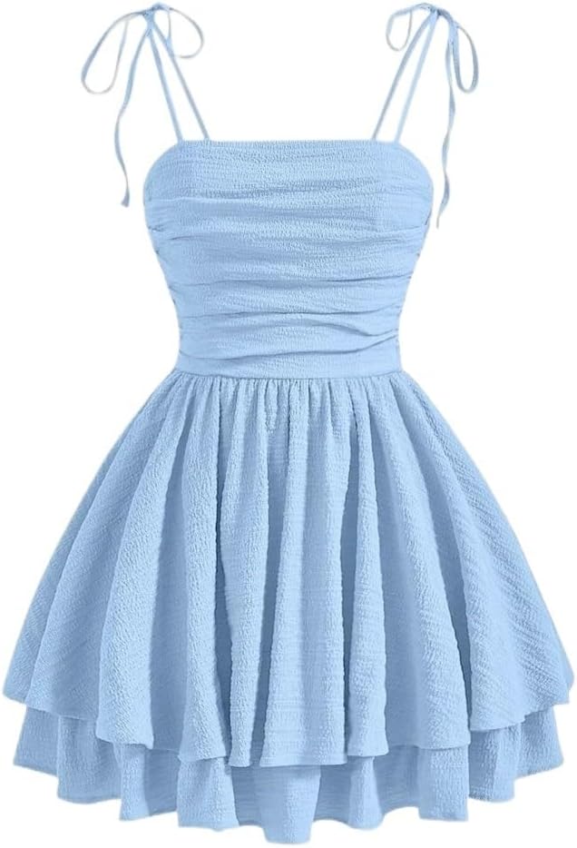 Women's 2024 Summer Cami Mini Short Dress Blue Ruffle Hem Blue Cami Dress Spaghetti Strap Dress