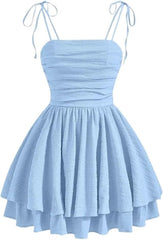 Women's 2024 Summer Cami Mini Short Dress Blue Ruffle Hem Blue Cami Dress Spaghetti Strap Dress