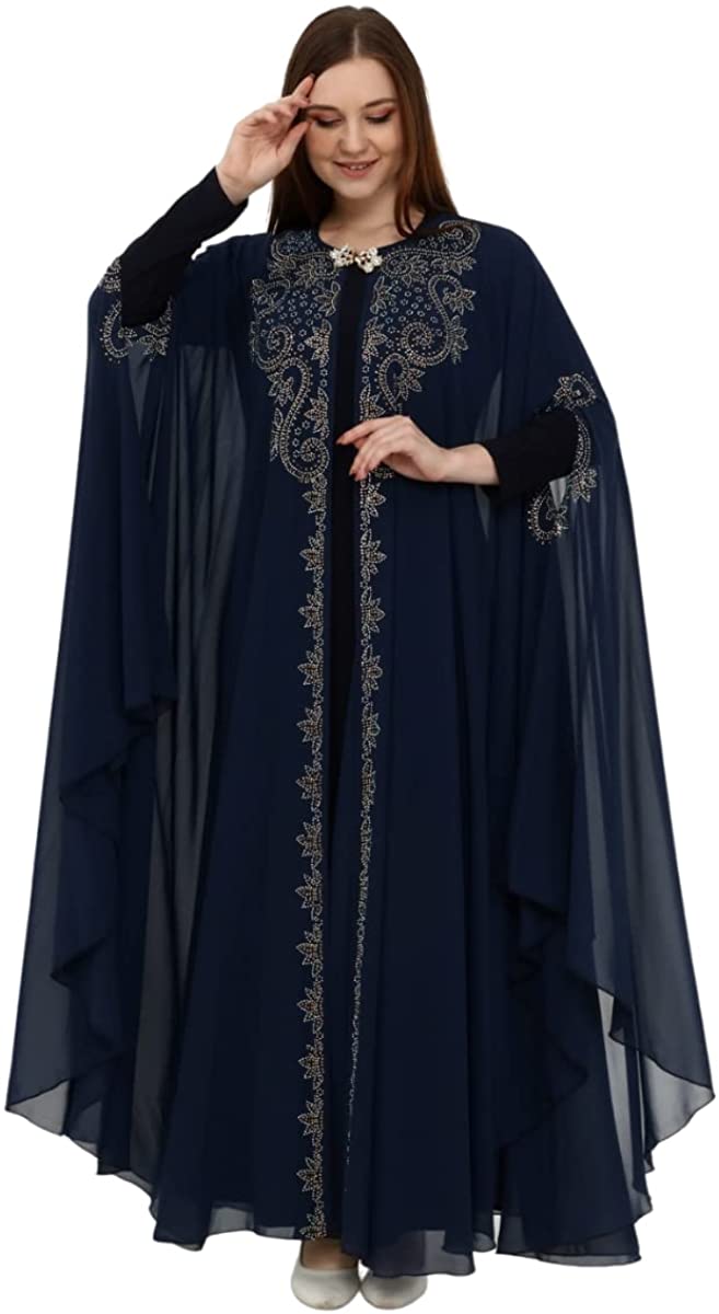 Marwa Fashion Arabic Dress for Women – Dubai Kaftan Islamic Muslim Costume for Wedding, Party & Dinner (Large, Dark Blue)