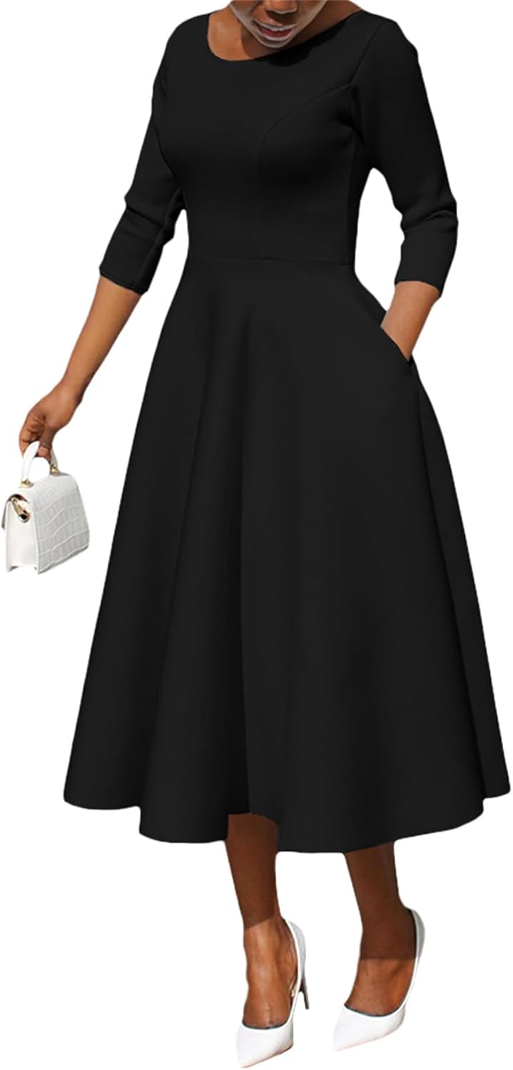 Womens Long Sleeve Swing Midi Dress Crew Neck Dresses Empire Waist Plus Size Dresses with Pockets