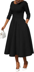 Womens Long Sleeve Swing Midi Dress Crew Neck Dresses Empire Waist Plus Size Dresses with Pockets
