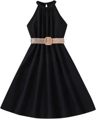 Children Dress Solid Color Hanging Neck Waist Collection Dress Princess Dress Fashion Outwear Toddler Sunflower