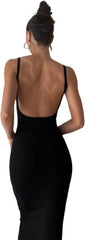 Women Backless Maxi Tank Dress Bodycon Sexy Open Back Hollow Long Dresses Sleeveless Elegant Cocktail Party Dress