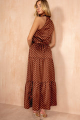 Zaynab Brown Polka Dot Halterneck Tiered Maxi Dress