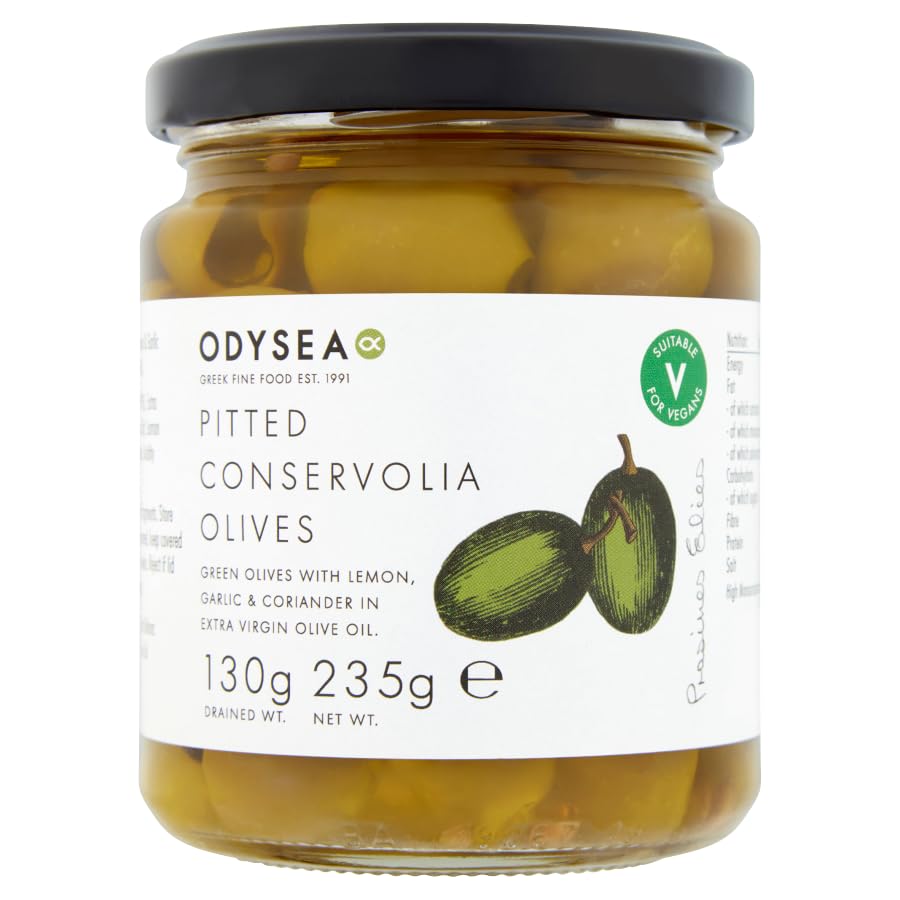 Odysea Green Conservolia Pitted Olives with Lemon, Garlic & Coriander in Extra Virgin Olive Oil, 245g