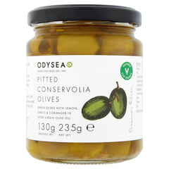Odysea Green Conservolia Pitted Olives with Lemon, Garlic & Coriander in Extra Virgin Olive Oil, 245g