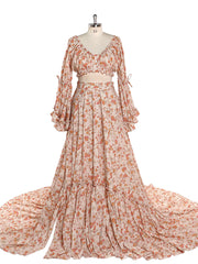 Elegant Cotton Floral Print Woman Maxi Dress Boho Beach 2 Pieces Gown Fancy Photography Props YD211008