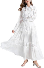 Boho White Lace Maxi Dress Women’s Long Sleeve Floral Hollow Out Dress with Elastic Waist Floor Length Loose Fit Dresses(White,X-Large Tall)