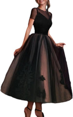 A-Line Elegant Prom Evening Gown Illusion Neck Ankle Length Short Sleeve Vintage Wedding Party Gowns with Pleats 2024