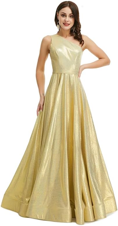 Stunning Evening Dress for Wedding Birthday Party Sexy One Shoulder Bright Silk Gold Cocktail Dresses
