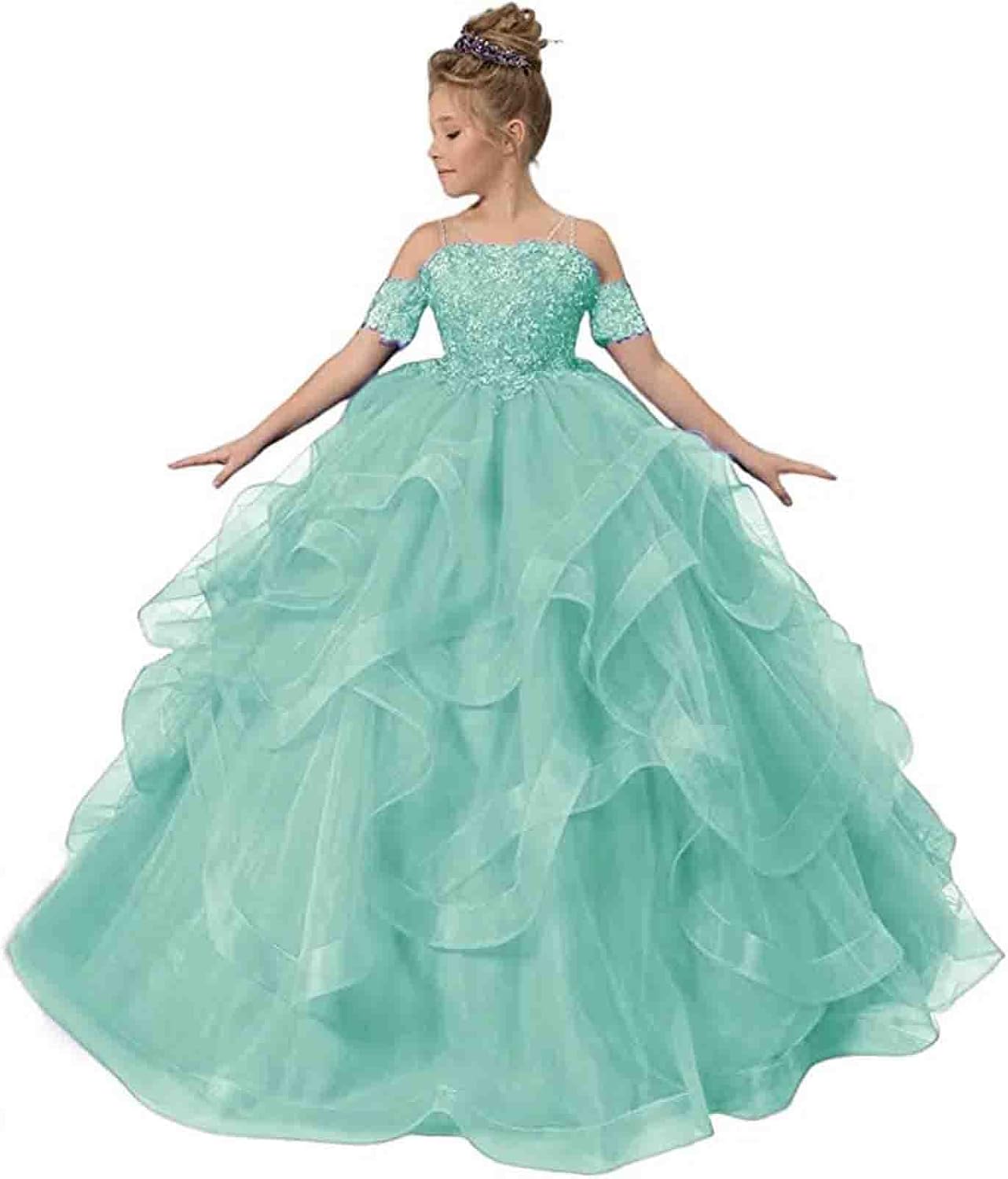 TSxuelian Flower Girl Dresses Beaded Spagehrtti Strap Prom Dress Kids Layered Ruffles Pageant Ball Gowns