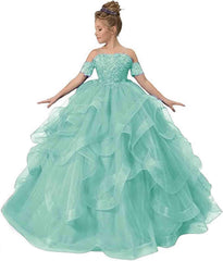 TSxuelian Flower Girl Dresses Beaded Spagehrtti Strap Prom Dress Kids Layered Ruffles Pageant Ball Gowns