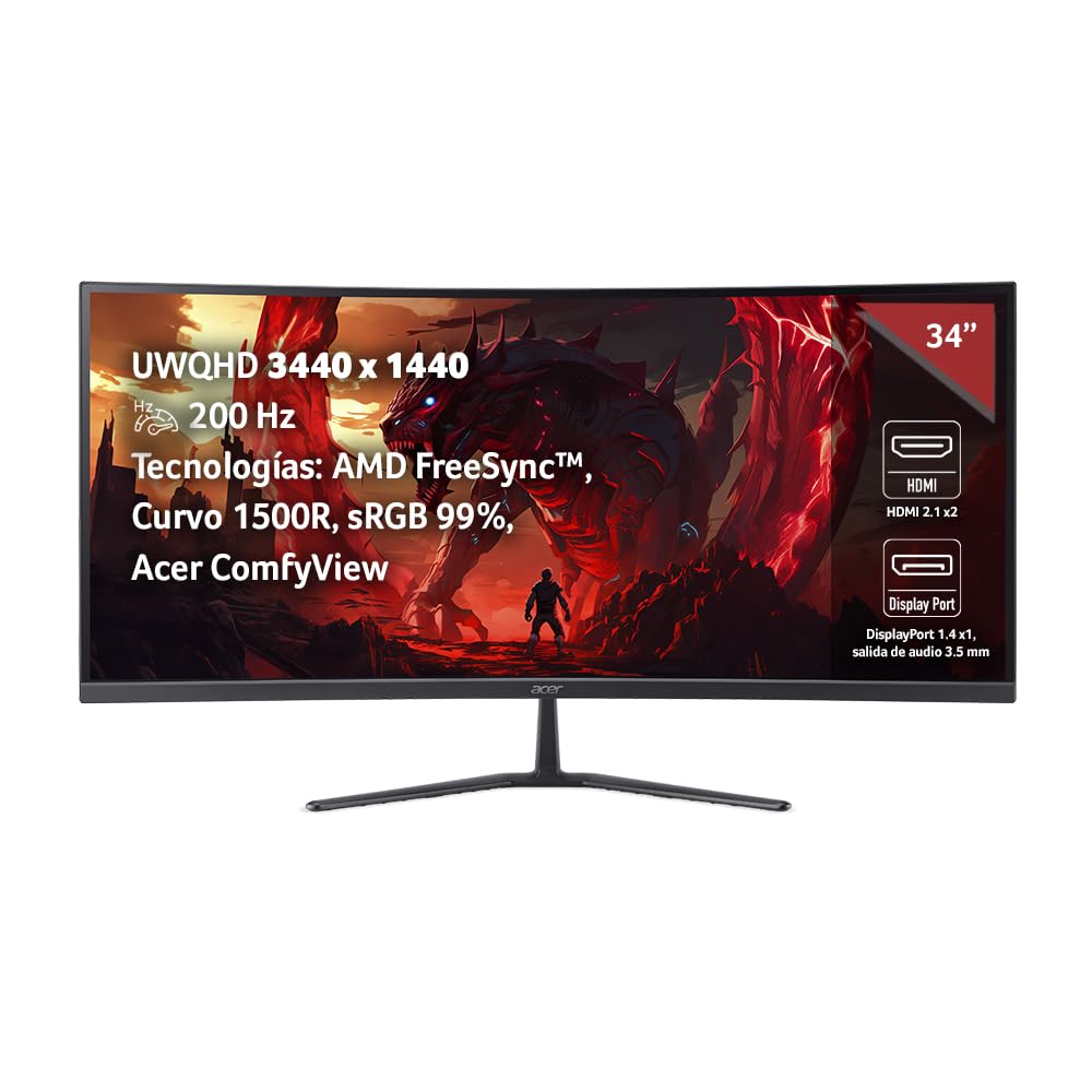 Acer Monitor Gamer Curvo 1500R ED0 34" UWQHD 3440 x 1440 200Hz Panel VA | Frecuencia de actualización 200Hz | Tiempo de Respuesta 1ms/0.5ms (GTG, Min) | Tecnología AMD FreeSync
