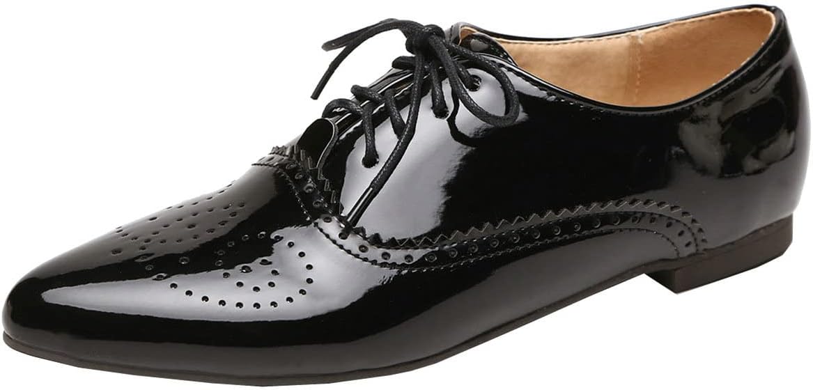 Uniquelly Womens Flat Oxfords Patent Leather Pumps Pointed Toe Lace Up Office Uniform Dress Shoes