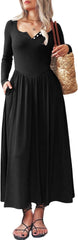 Mieazom Long Sleeves Maxi Dress for Women A Line 2025 V Neck Casual Button Boho Tshirt Long Dress with Pockets