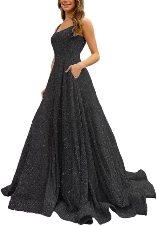 Women's Sequins Prom Dresses Spaghetti Straps 2024 Sparkly Formal Ball Gowns Long A-Line Party Evening Dress LVY009