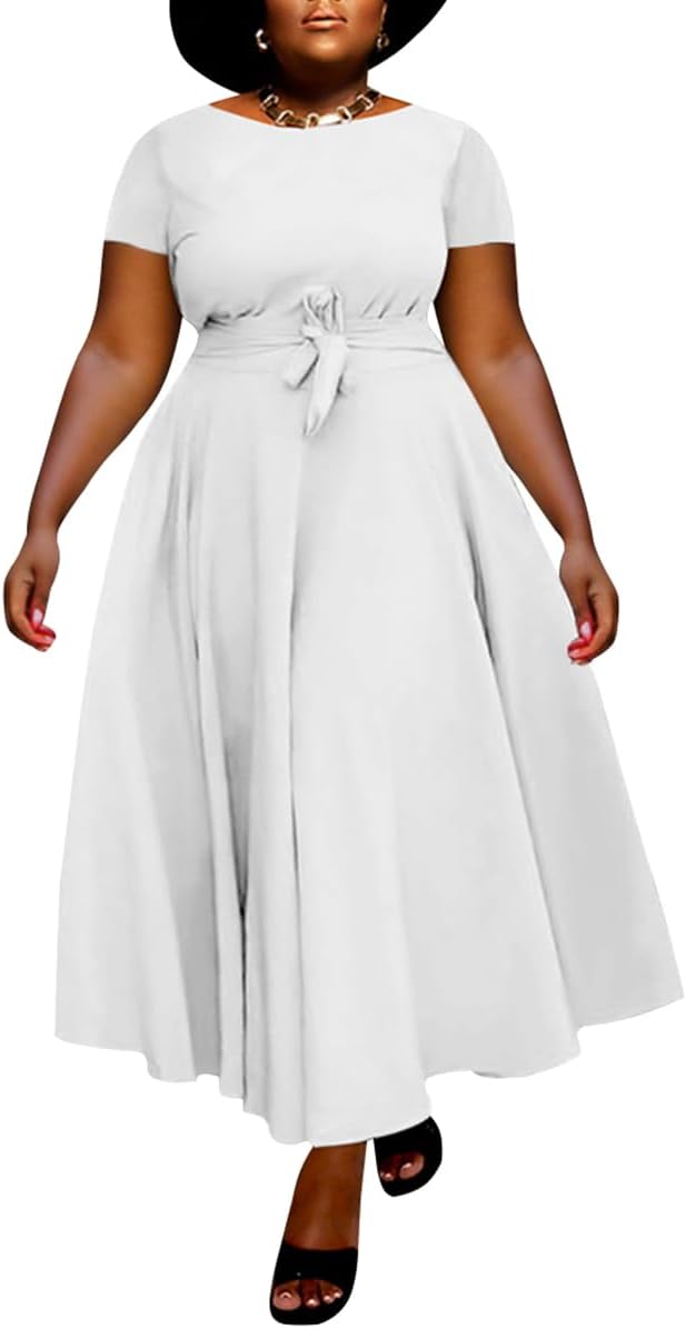 WUSENST Plus Size Maxi Dress for Women Short Sleeve Crew Neck Flowy A-Line Long Dresses with Pocket, White