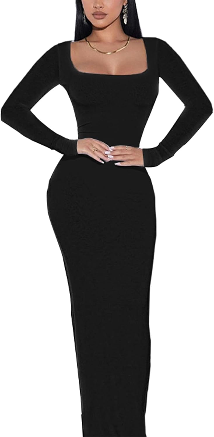 Doweha Women's Square Neck Long Sleeve Maxi Dress Sexy Knit Bodycon Long Dress for Women