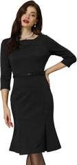 Allegra K Business Elegant Funeral Dresses for Women's Boat Neck 3/4 Sleeve Pleated Modest Midi Dress
