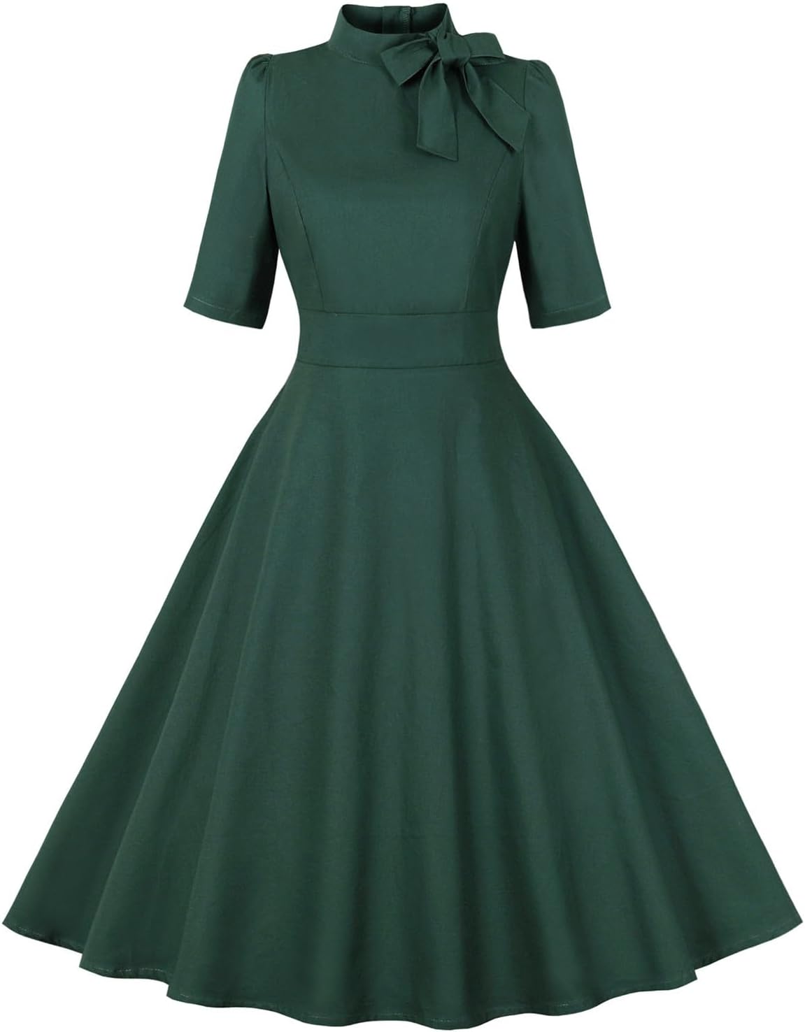 Womens Vintage 1940s Dress Retro Button Down Business Work A Line Cocktail Dresses Bowknot Short Sleeve Formal Dress